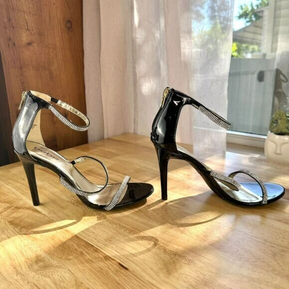 Bebe Black Women's High Heel Janae Strappy Pump w/ Rhinestones Size 8 - Picture 3 of 10